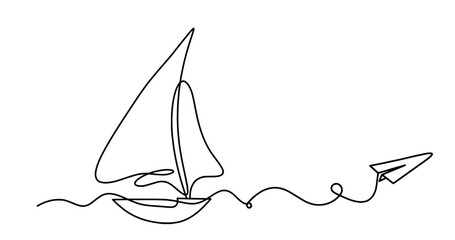 Abstract boat with paper plane as line drawing on white background. Vector