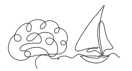 Abstract boat with brain as line drawing on white background. Vector