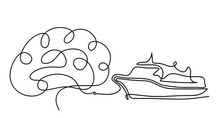 Abstract boat with brain as line drawing on white background. Vector