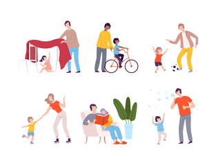 Parents and their kids having good time together set. Families riding bike, playing ball, rollerblading, reading book, blowing soap bubbles flat vector illustration