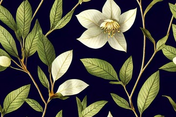 Hellebore blossoms, ferns, conifers, and eucalyptus seeds make into a continuous winter design. Seasonal retro Christmas wallpaper. a botanical drawing. Color scheme of blue and gold. Generative AI
