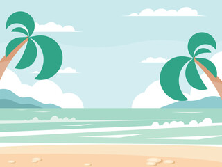Tropical beach with palm trees. Sandy seashore. Summer vacation. Vector graphics