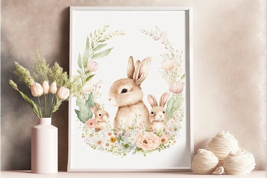  a picture of a bunny and her two babies in a floral frame with a vase of flowers and a vase of flowers on a shelf with a white background with a pink and white wall. Generative AI