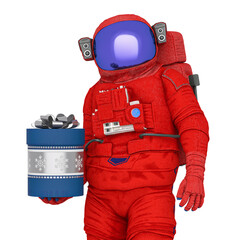 astronaut is holding a cylinder gift box for present