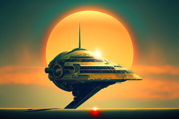 Fototapeta na wymiar Futuristic voyage starship on a different planet with a star and moon in the background. Space travel with comfort. Generative AI.