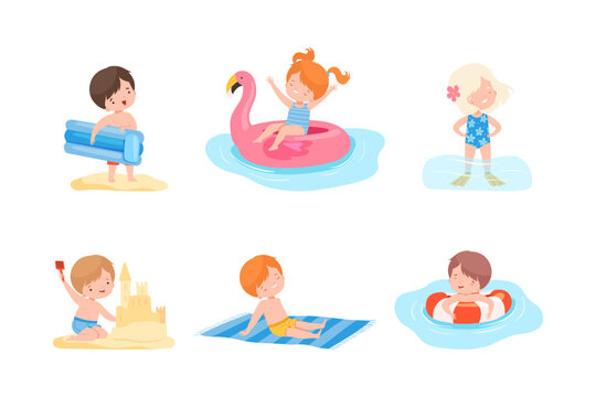 Cute kids playing at beach. Happy little boys anf girls playing at seaside, building sandcastle, swimming and sunbathing cartoon vector illustration