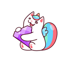 Cartoon kawaii caticorn with diamond. Cute vector unicorn cat holding huge precious gemstone. White funny caticorn magic kitty character with colorful tail hold purple gem stone. Fairy tale kitten