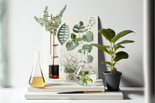  a table with a plant and a vase on it and a book on the table next to it with a pen and a glass vase with a plant in it and a picture on the wall. Generative AI 