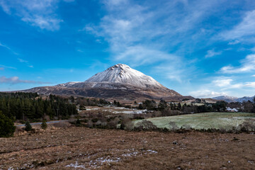 Aerial view of the snow covered Mount Errigal, the highest mountain in Donegal - Ireland.