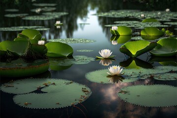  a pond with lily pads and water lillies in it's water surface, with a reflection of the sky in the water and a cloud in the background, and a few clouds in the water. Generative AI  - obrazy, fototapety, plakaty