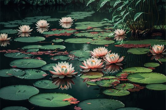  a pond filled with lots of water lilies next to a lush green forest filled with trees and bushes on top of it, with leaves floating on top of the water, and bottom of the. Generative AI 