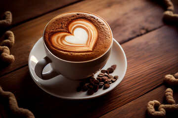 Kaffee Tasse mit Herz aus Milch auf einen Holztisch im Hintergrund zu Valentinstag - Ai generiert