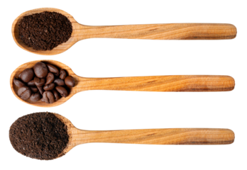 Three wooden spoons with ground coffee and whole beans on an isolated background.