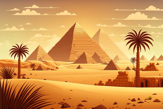 Fototapeta Egyptian pyramids in a 2D desert scene with parallax effects. View of ancient Egyptian architecture superimposed over a cartoon landscape of the sahara's golden sand dunes Generative AI