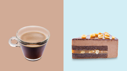 Fresh hot espresso coffee with chocolate cake on a blue brown background