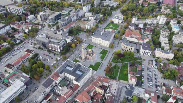 Aerial view of city Banja Luka in Bosnia and Herzegovina, city center, parks and residential houses, river Vrbas, old fortress