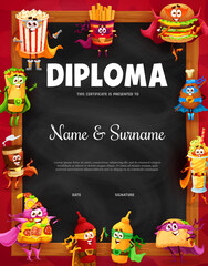Kids diploma. Fast food characters, cafe chalkboard. Child competition winner award, kids education achievement vector diploma with cheerful popcorn, burger and burrito, taco, coffee, pizza and sauces