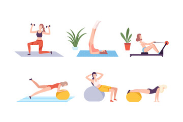 Young women doing sports set. Athletic women exercising with dumbbells and fitball flat vector illustration