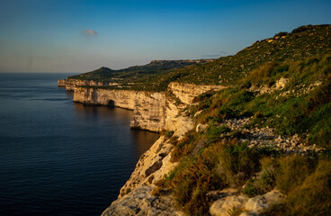 Beautiful cliffs of Ras id-Dawwara, sunset time in Malta