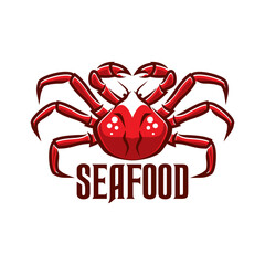 Crab seafood icon. Fresh fish market, seafood shop symbol or vector emblem. Asian cuisine restaurant, care or bar sea food menu, fishing company icon with red crab and typography
