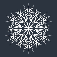 White hexagonal snowflake on a dark background. A unique author's snowflake to decorate the winter holidays. Vector image of a Christmas symbol.