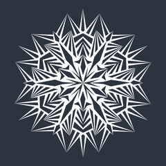 White hexagonal snowflake on a dark background. A unique author's snowflake to decorate the winter holidays. Vector image of a Christmas symbol.