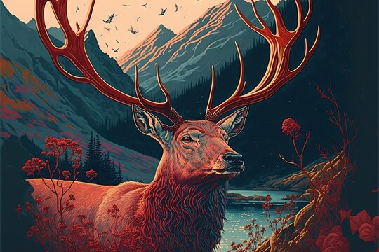  a deer with antlers standing in a field of flowers and trees with a mountain in the background and birds flying overhead in the sky above it, with a full moonlit sky,. Generative AI