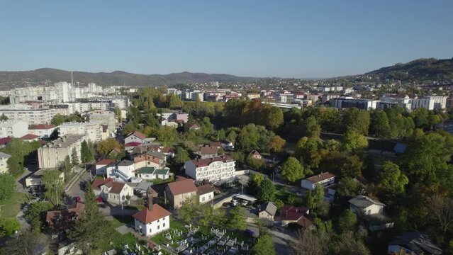 Aerial view of city Banja Luka in Bosnia and Herzegovina, city center, parks and residential houses, river Vrbas, old fortress