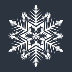 White hexagonal snowflake on a dark background. A unique author's snowflake to decorate the winter holidays. Vector image of a Christmas symbol.