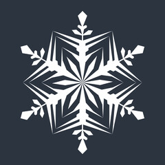 White hexagonal snowflake on a dark background. A unique author's snowflake to decorate the winter holidays. Vector image of a Christmas symbol.
