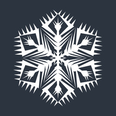 White hexagonal snowflake on a dark background. A unique author's snowflake to decorate the winter holidays. Vector image of a Christmas symbol.