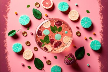  a glass of liquid surrounded by fruit and leaves on a pink background with a pink background and a pink background with a pink background and green border with a few green leaves. Generative AI
