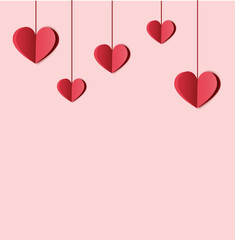 Plakat Red paper cut hearts. Pink background . Vector holiday