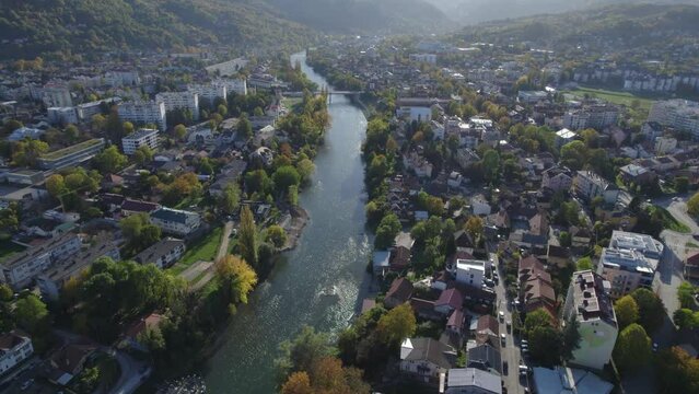 Aerial view of city Banja Luka in Bosnia and Herzegovina, city center, parks and residential houses, river Vrbas, old fortress