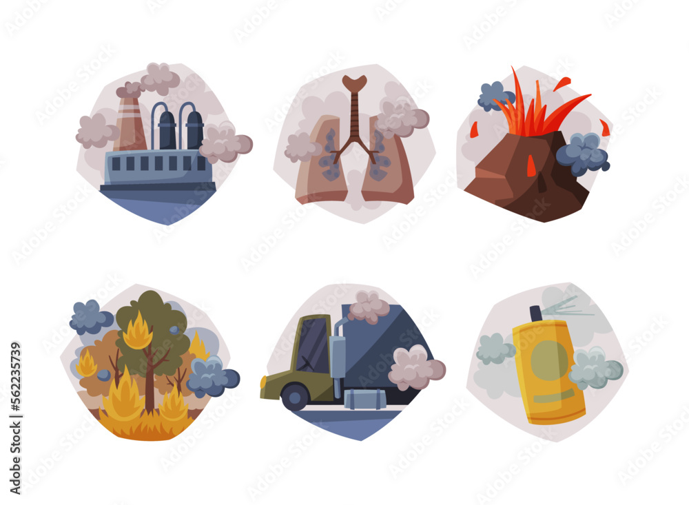 Sticker air pollution sources set. industrial outdoor fog, forest fires, volcano, eruption cartoon vector il