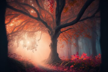Autumn light shining through a foggy woodland. Mystical antiquity Generative AI