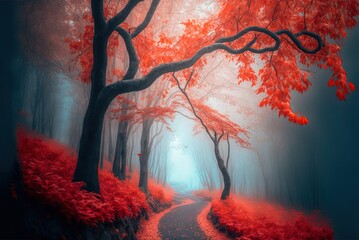 Fototapeta premium Fall's magical woodland fog is beautiful. vibrant scenery Generative AI