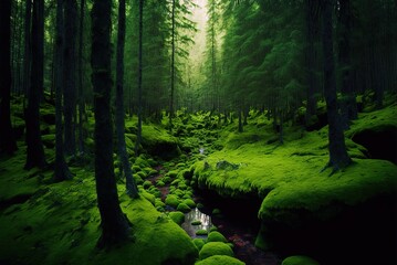 Sweden's lush, verdant mossy woodland is a sight to see. Generative AI
