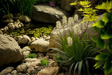 Elegant stone-edged pond in a little setting Generative AI