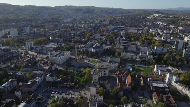 Aerial view of city Banja Luka in Bosnia and Herzegovina, city center, parks and residential houses, river Vrbas, old fortress