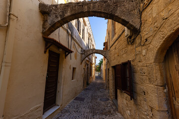 Streets and Residential Homes in the historic Old Town of Rhodes, Greece. Sunny Morning.