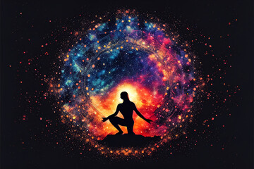 Fototapeta na wymiar Human yoga pose and meditation comprehends the inner light energy. Spiritual healing energy. Abstract silhouette background.