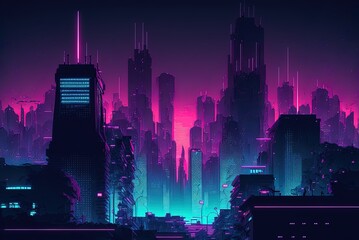 Purple and cyan neon lights illuminate a cyberpunk cityscape. Future-looking skyscrapers illuminate the night sky. Generative AI