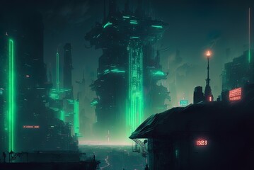 Green and blue neon signs illuminate a cyberpunk metropolis. Picture this: a nighttime panorama of the city, complete with futuristic skyscrapers. Generative AI