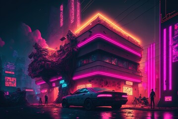 Pink and yellow neon signs illuminate a cyberpunk metropolis. A View of the Nighttime Skyline with Modern Superstructures. Generative AI