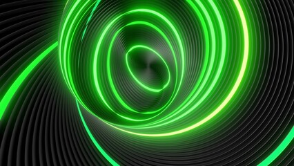 3d render. Abstract geometric bg with rings form complex twisted spiral and light effects. Rings flash neon green lights. Neon ring bulbs for show or events, festivals or concerts