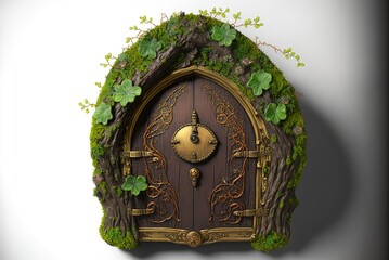 Images of a moss-covered fairy door and a fairy standing nearby Generative AI - obrazy, fototapety, plakaty