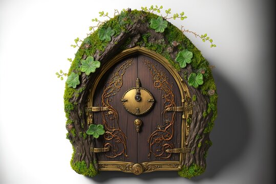 Images of a moss-covered fairy door and a fairy standing nearby Generative AI