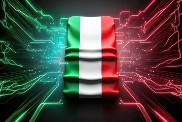 Italy's flag, futuristically reimagined. Ideas about Italian networks. Experience in the field of technology. Generative AI