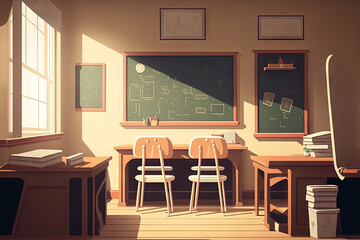 Empty beige classroom with wooden school desks and simple black chairs, view from desk on school board. Generative AI